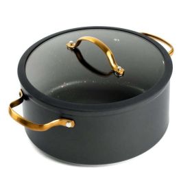 Non-Stick 5 QT Signature Stock Pot with Glass Lid, Black & Gold - Black